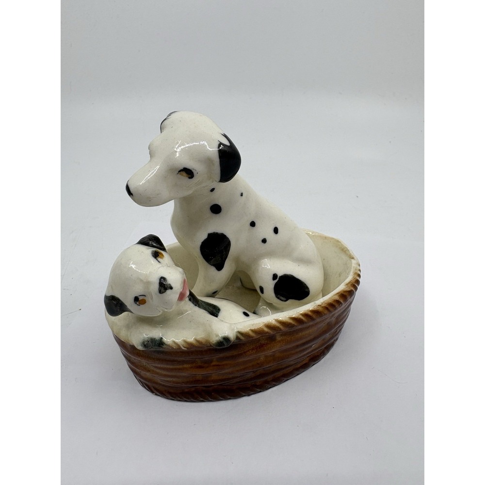 Vintage Japan Porcelain DALMATIAN Parent Dog & Puppy In A Basket 3.75" Tall - Picture 3 of 6